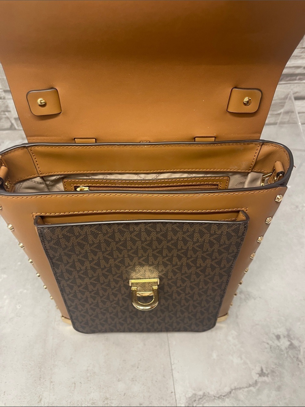 Michael Kors Manhattan Backpack Satchel & Matching Wallet Brown MK Logo - Picture 10 of 15